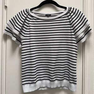 Express Striped Crew Neck Short Ruffle Sleeve Sweater - Medium